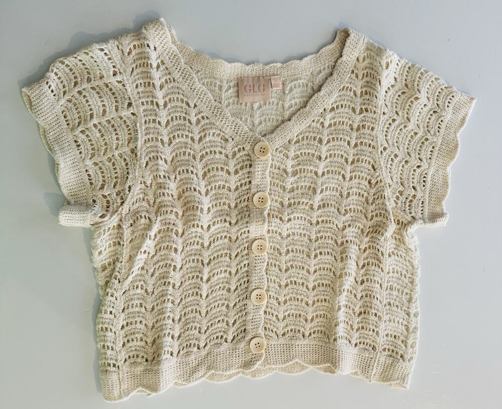 GLG Good Luck Gem Crochet Knit Cardigan Top Cream Scallop Hem Cottagecore Small